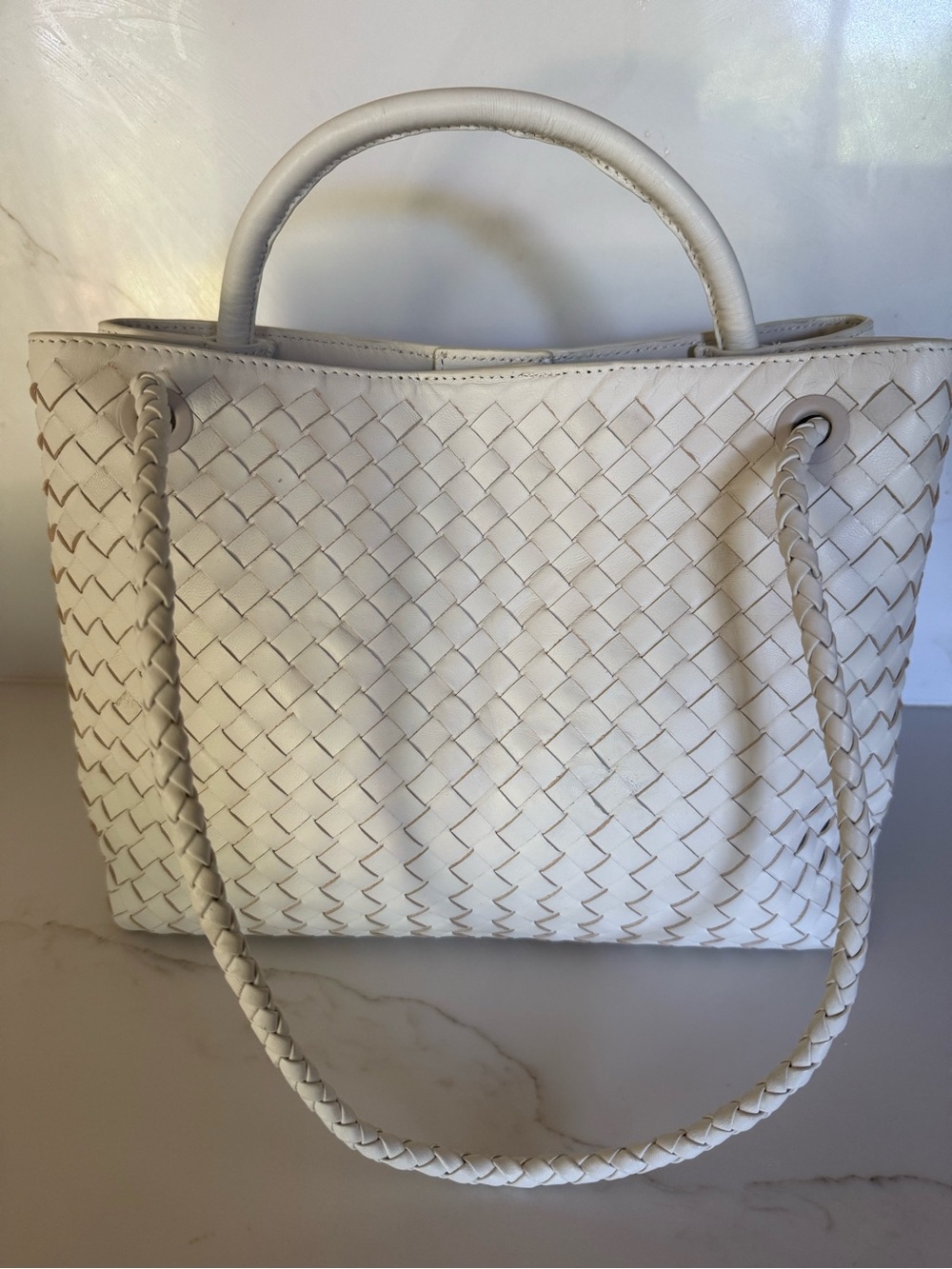Quince Italian Leather Handwoven Large Satchel Bone - Picture 2 of 7